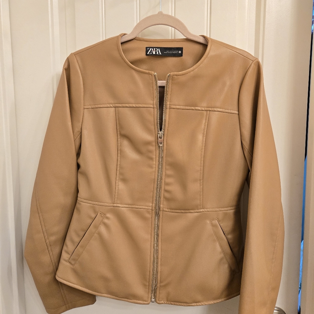 Zara Tan Bomber Jacket Streamlined Varsity Style
